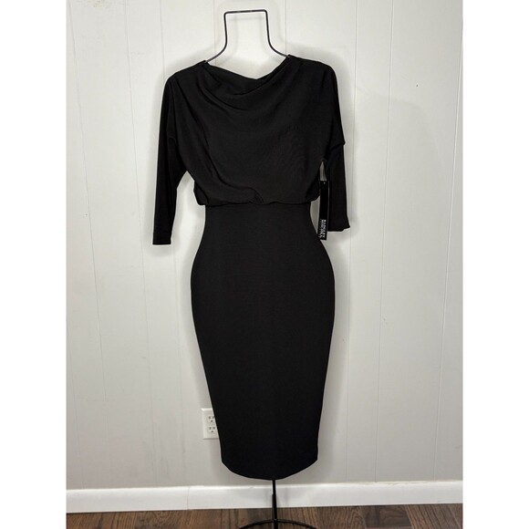 $295 NWT Badgley Mischka Size XS Women's Black Boat Neck Midi Dress‎ Sleeves - Picture 1 of 7